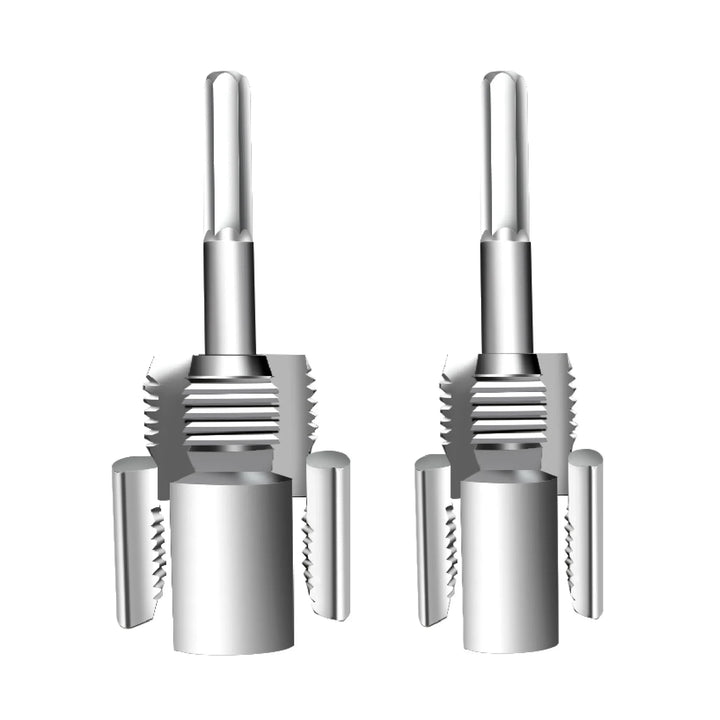 Two metallic drill bits on a white background