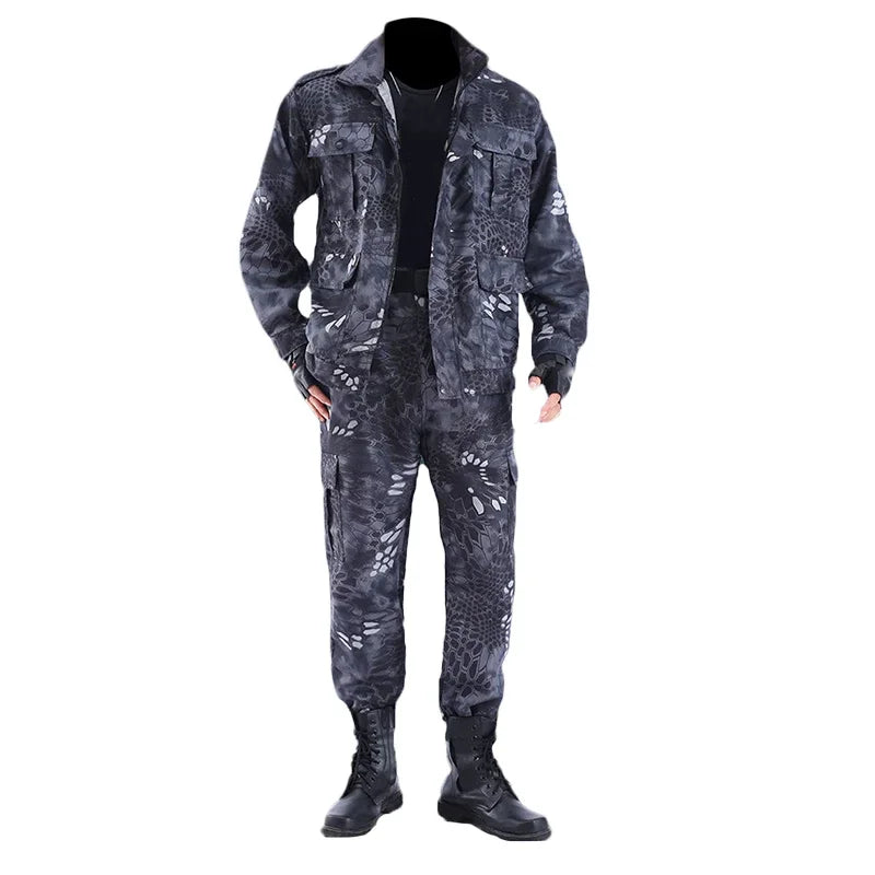 Camouflage jumpsuit with jacket and pants on a white background