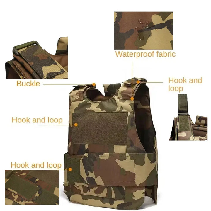 Camouflage tactical vest with labeled features on a white background