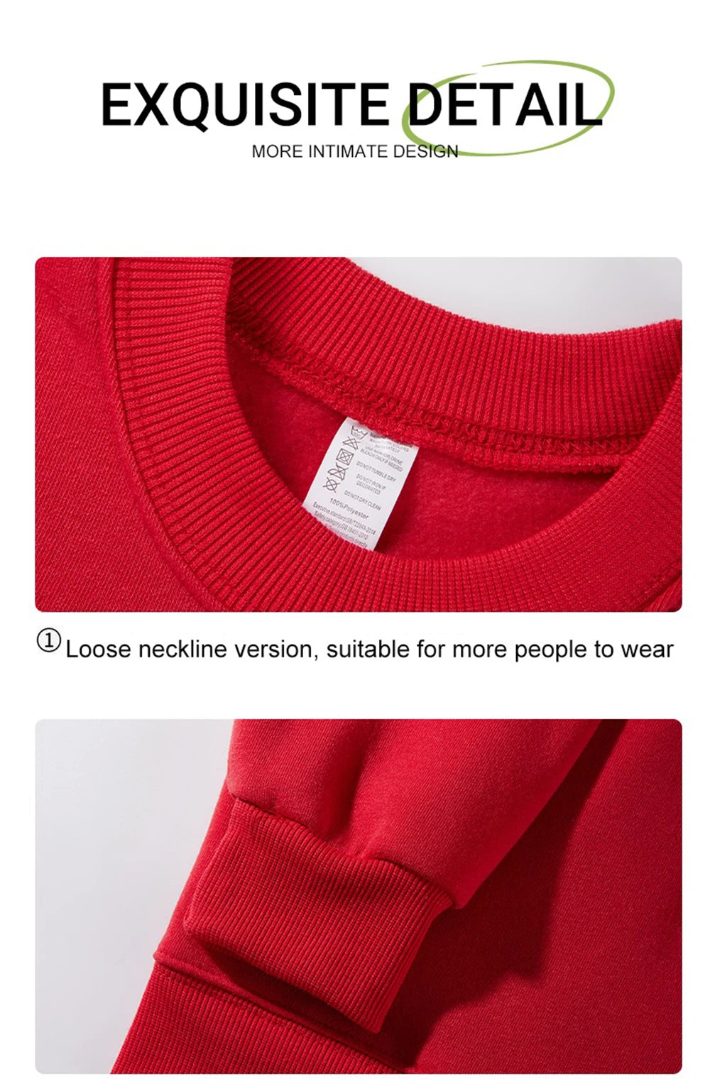 Close-up of a red sweater with a tag, focusing on the neckline and fit.