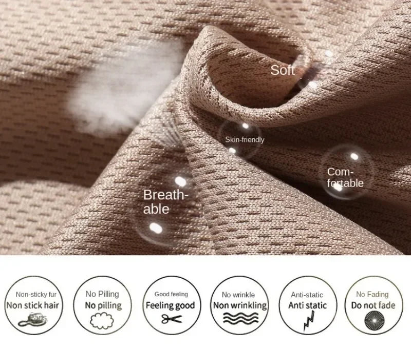 Textured fabric with features highlighted and icons indicating properties like non-stick hair, no pilling, good feel, no wrinkles, anti-static, and do not fade.