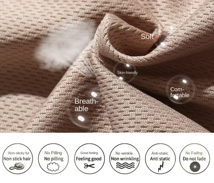 Textured fabric with features highlighted and icons indicating properties like non-stick hair, no pilling, good feel, no wrinkles, anti-static, and do not fade.