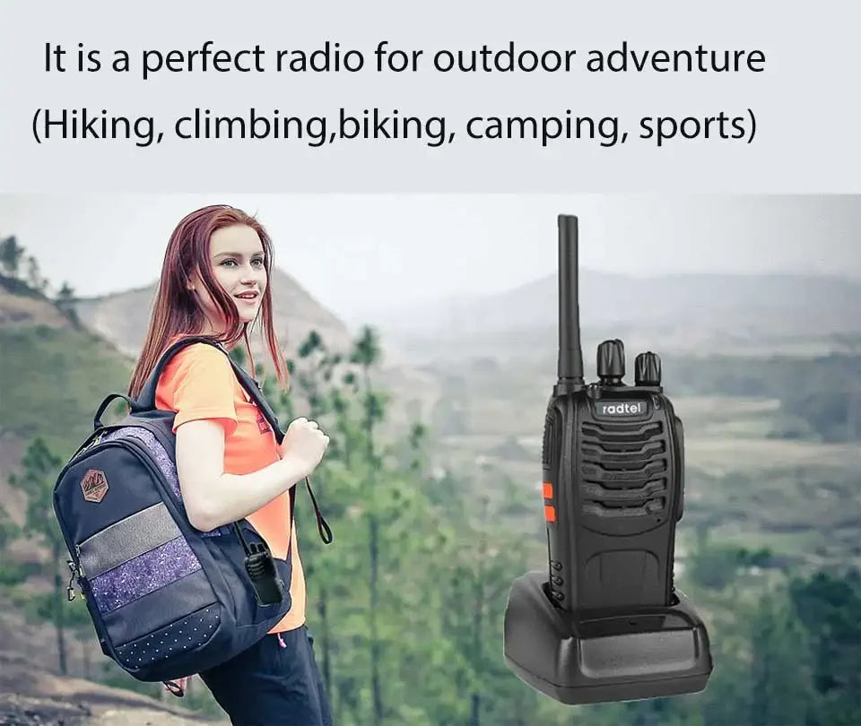 Woman with a backpack and a walkie-talkie against an outdoor background