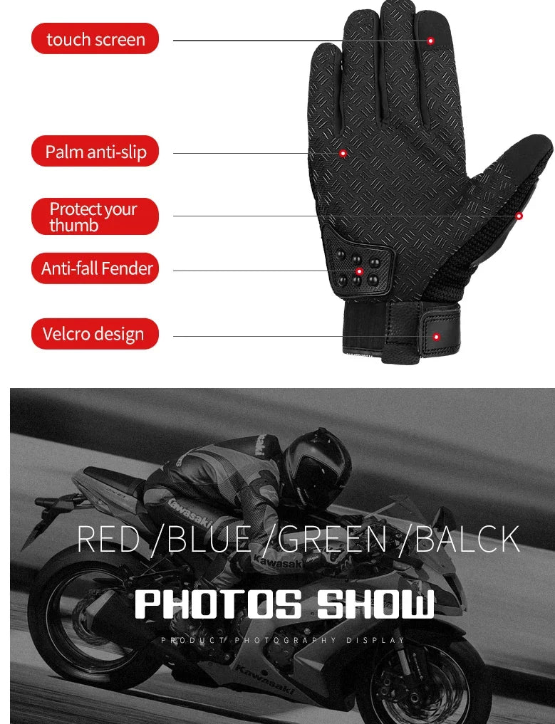Black glove with features highlighted and a motorcycle in the background