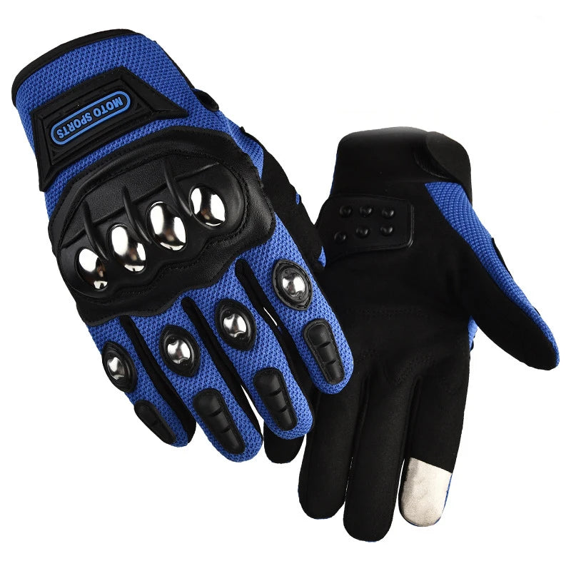Pair of black and blue motorcycle gloves with metallic accents on a white background