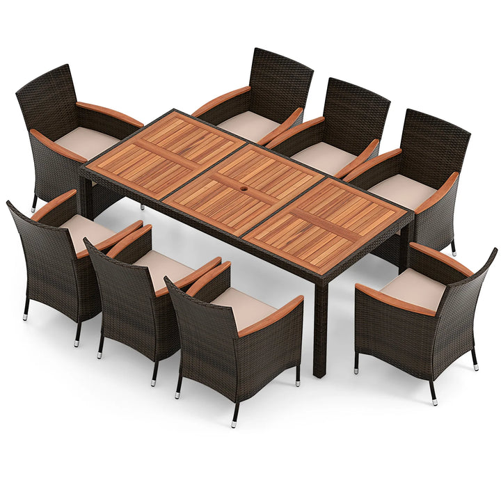 9PCS Patio Wicker Dining Set Acacia Wood Table Top Umbrella Hole Cushions Chairs