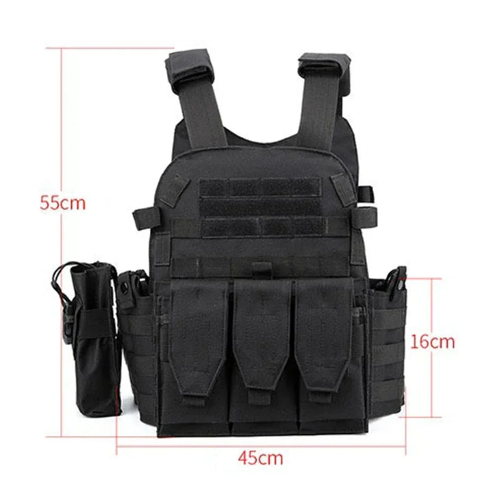 Black tactical vest with measurements on a white background