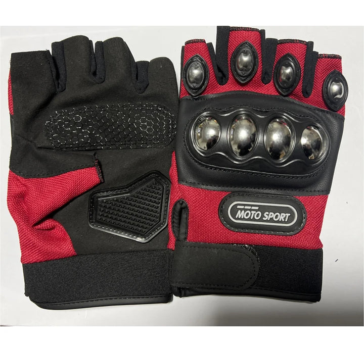 Red and black gloves with metallic accents on a white background