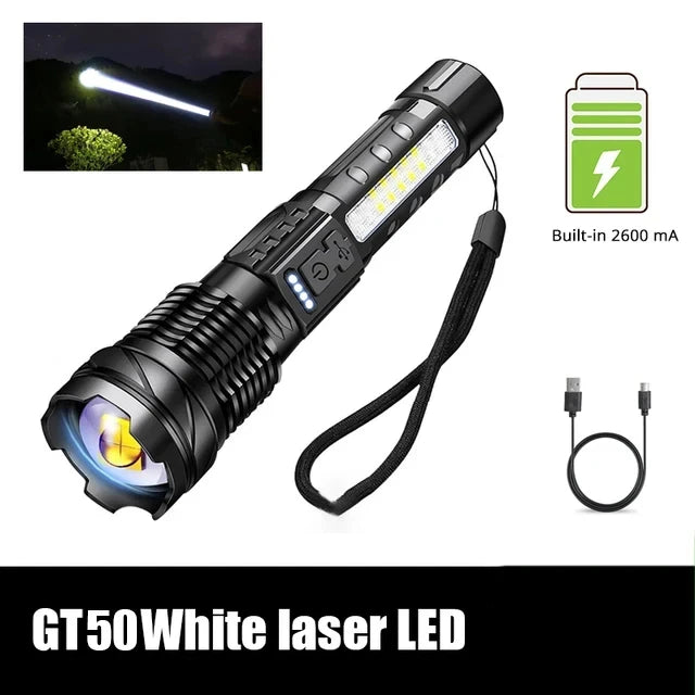 Powerful Xhp50 Led Flashlight Waterproof 18650 Torch With Side Light 7 Modes Camping Fishing Lantern Usb Rechargeable Zoom Lamp product image showing features or usage