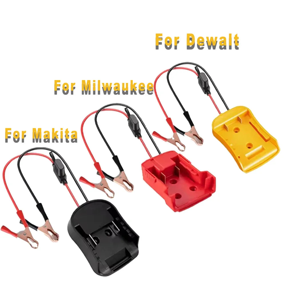 Set of battery connectors for Dewalt, Milwaukee, and Makita on a white background