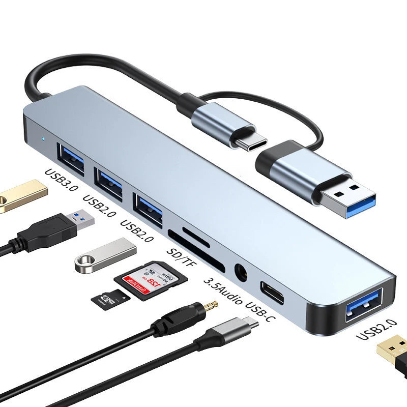 Multifunctional USB hub with various ports on a white background