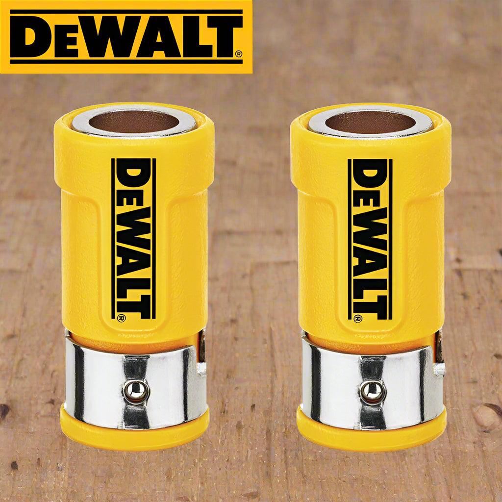 Close-up of 2 DeWalt magnetic bit holder shown on wooden tabletop at an angle