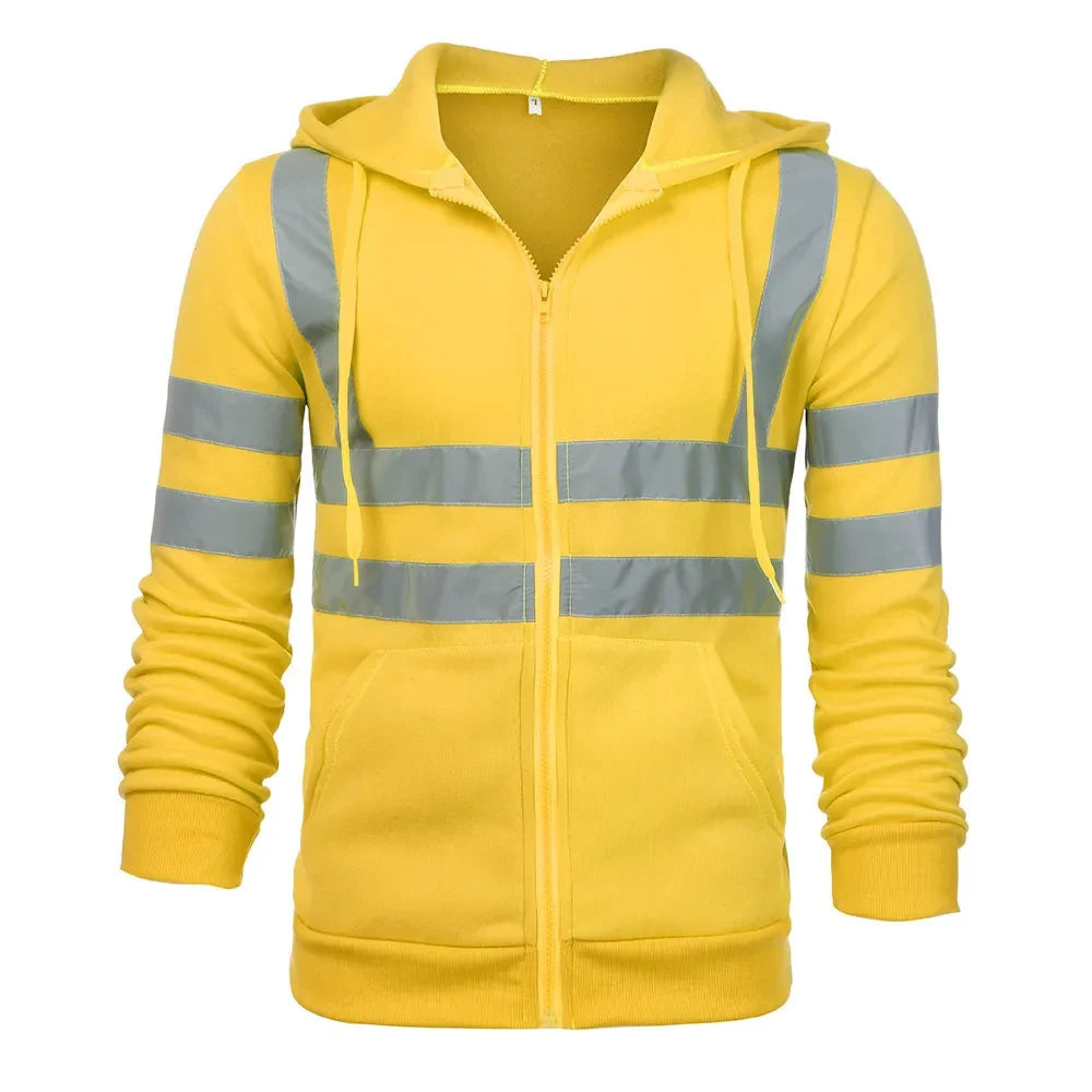Yellow hoodie with reflective stripes on a white background