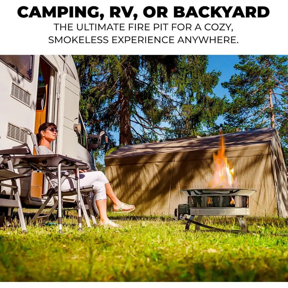 Person sitting by a fire pit in front of an RV with text about fire pits for camping, RVs, or backyards.