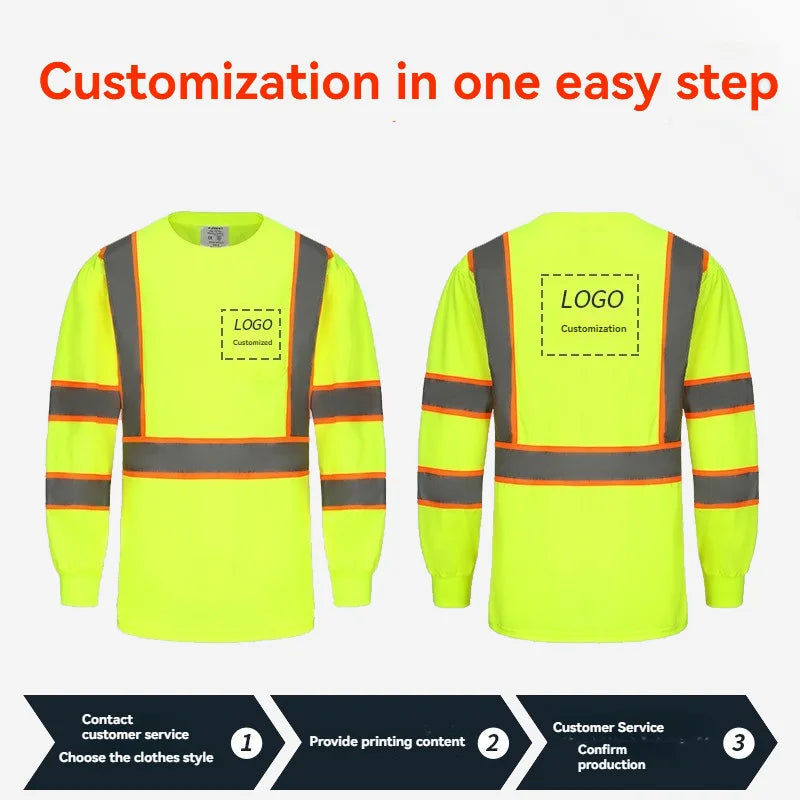 High-visibility safety shirt with reflective stripes on a white background, showing front and back views.