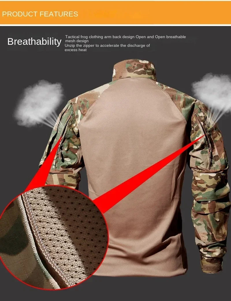 Camouflage tactical jacket with open back design and breathable material, featuring product features on a dark background.