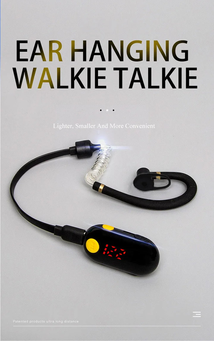Ear hanging walkie talkie with text on a gray background