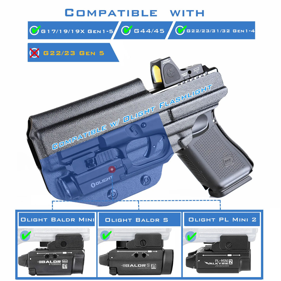 SmartGearPros IWB Kydex Holster for Glock 19 - Olight Baldr S Tactical Flashlight Optic Cut Appendix