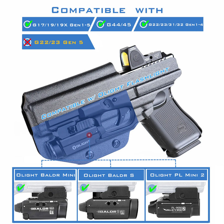 SmartGearPros IWB Kydex Holster for Glock 19 - Olight Baldr S Tactical Flashlight Optic Cut Appendix