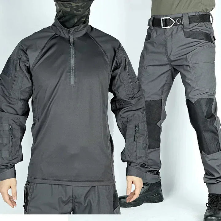 Tactical outfit with jacket, pants, and boots on a white background