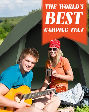 Two people sitting in front of a camping tent with a guitar and coffee mug, promotional text for 'The World's Best Camping Tent'.