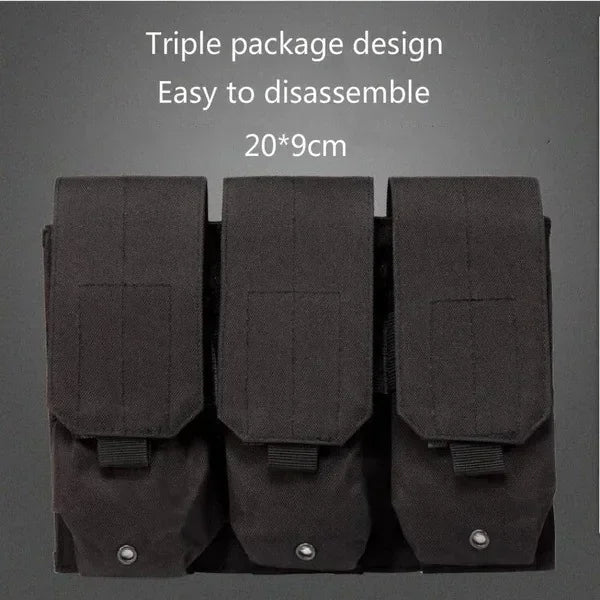 Triple black package design with text on a gray background