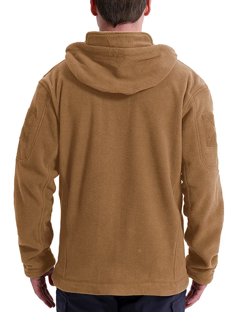 Brown fleece jacket worn by a person on a white background