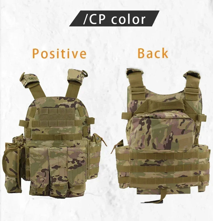 Camouflage tactical vest shown from front and back on a white background