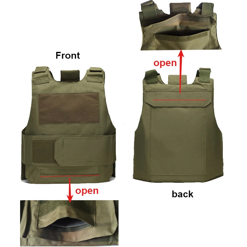 Green tactical vest shown from front, back, and side views on a white background.