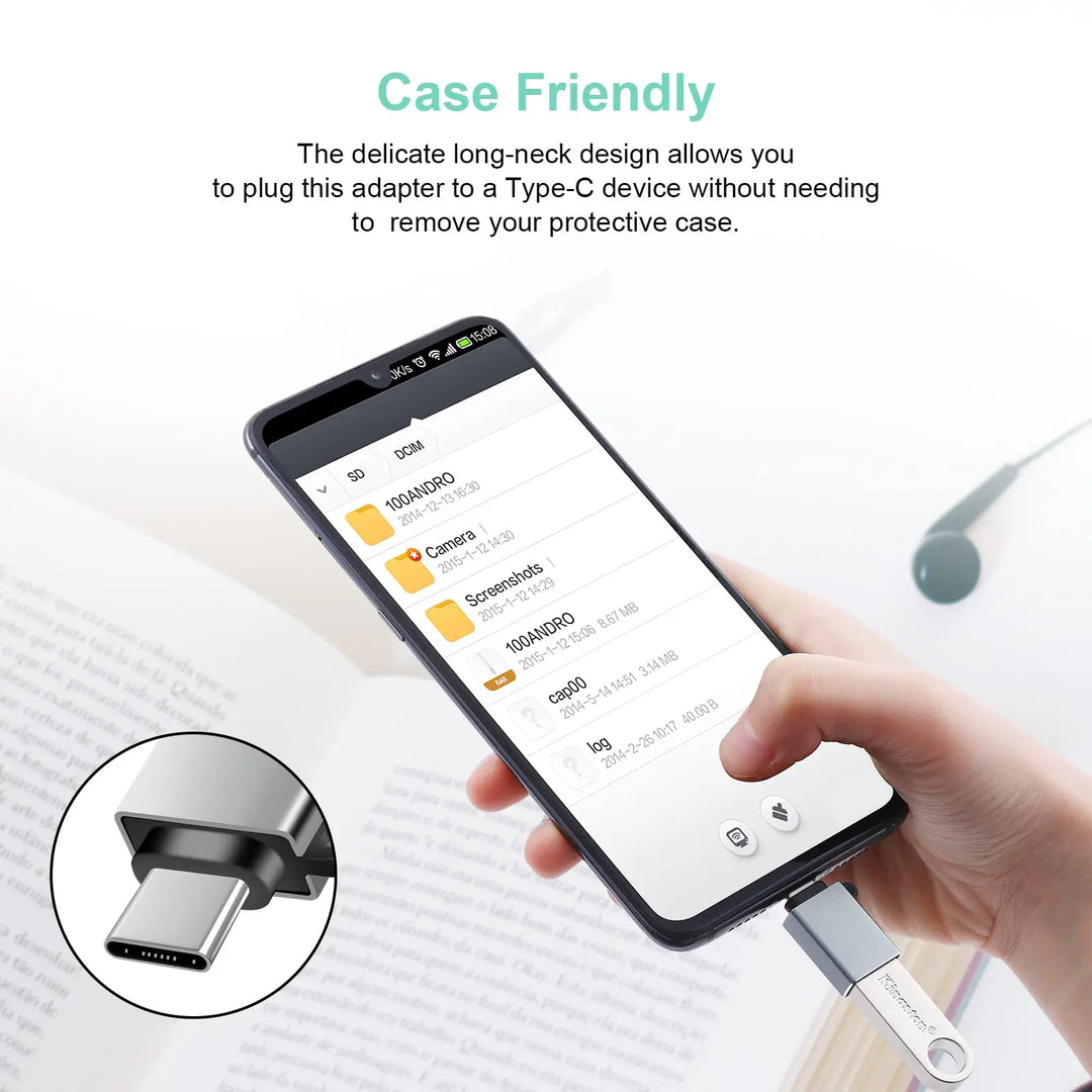 Phone with USB-C adapter held by a hand, showing compatibility with case-friendly design.