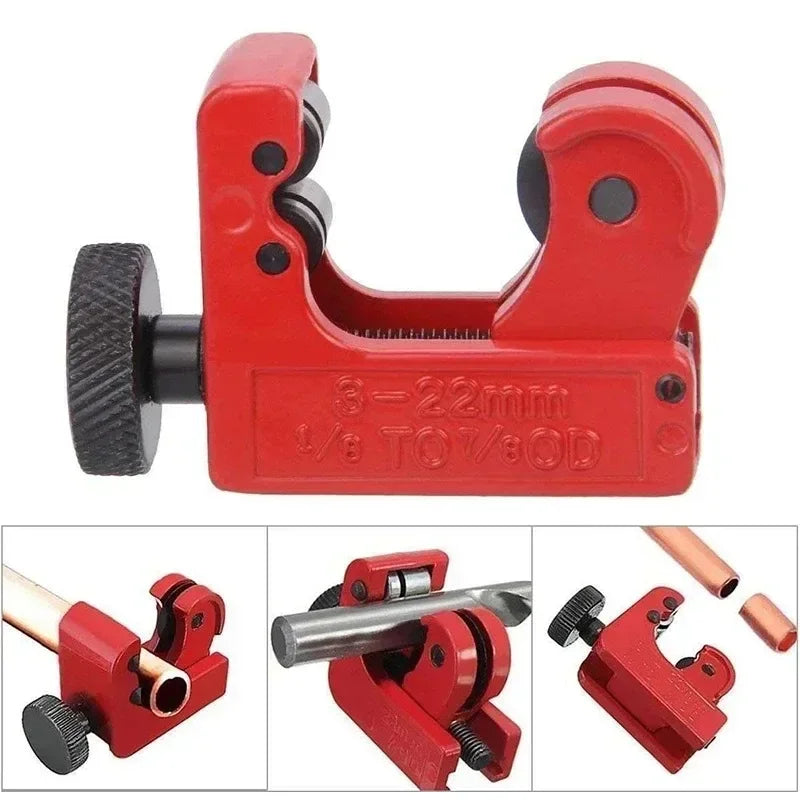 Red emp pipe cutter tool with illustrations showing its use on a white background