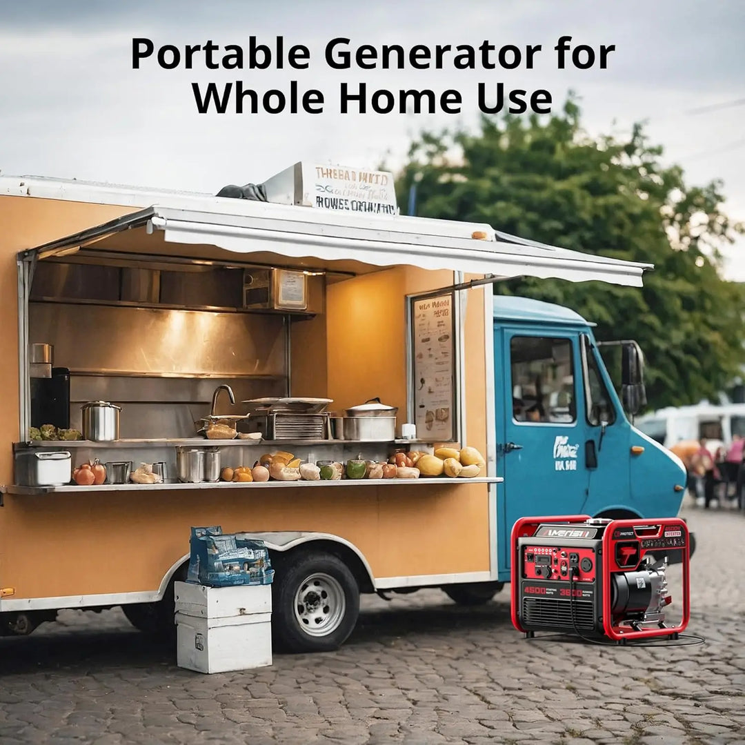 Portable generator for whole home use next to a food truck on a street.