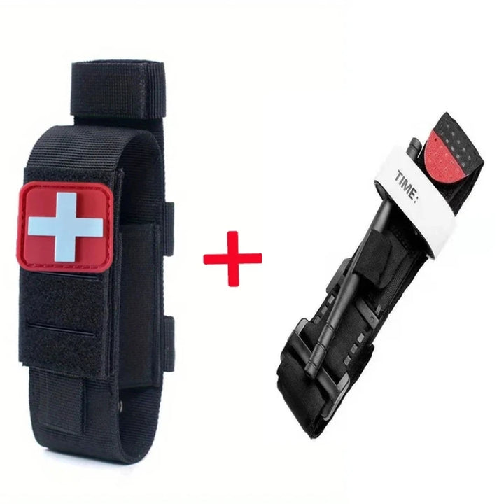 Black strap with red cross patch and black device on white background