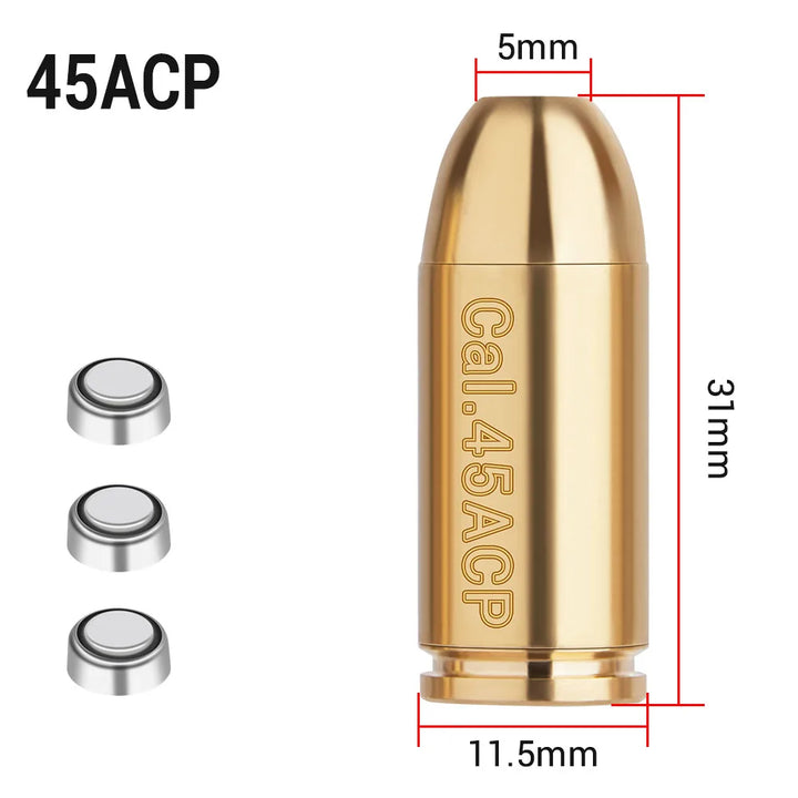Gold 45ACP bullet casing with measurements on a white background