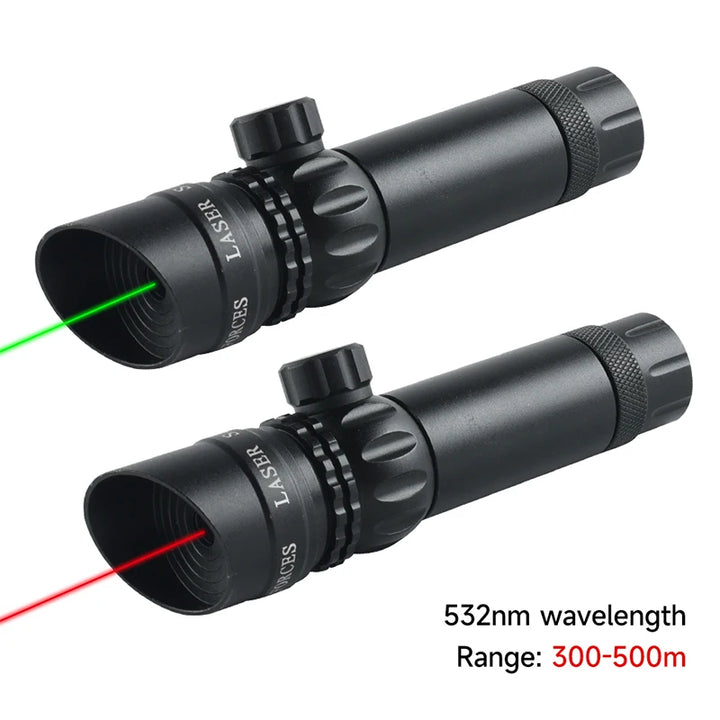 Two laser scopes with green and red lasers on a white background