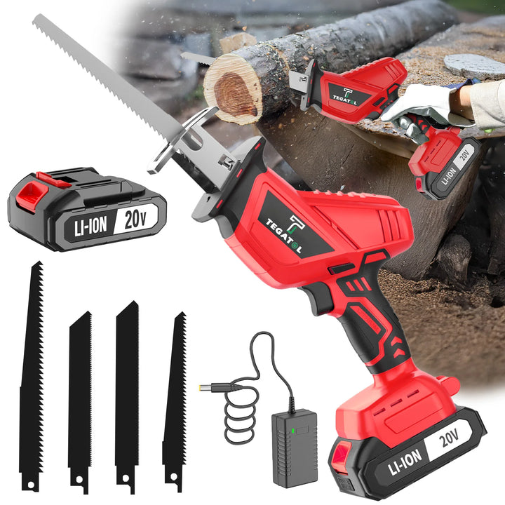 Red cordless saw kit with battery, blades, and charger on a white background