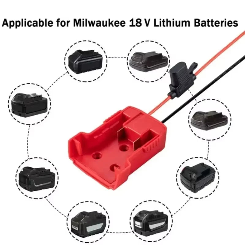 Red battery adapter compatible with Milwaukee 18V lithium batteries on a white background