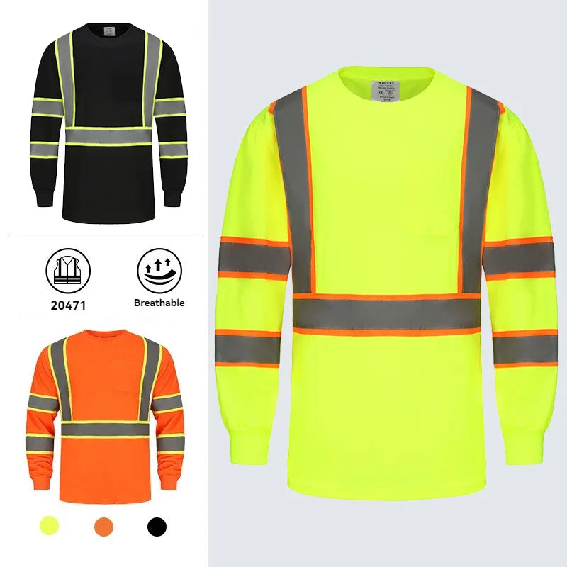 Three long-sleeve reflective safety shirts in black, yellow, and orange on a white background.
