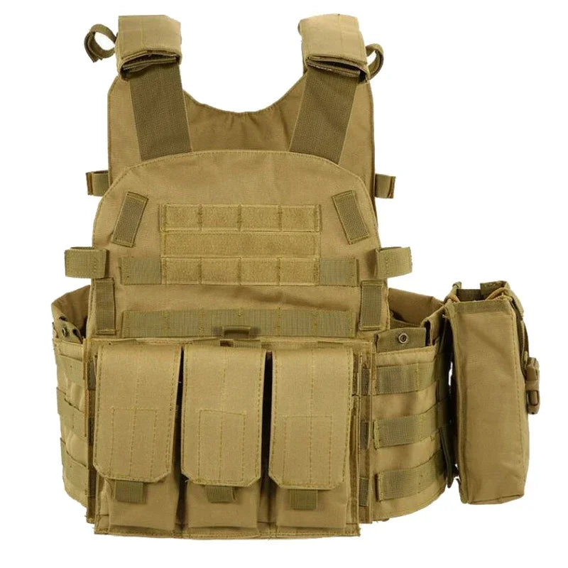 Tan tactical vest with multiple pockets and straps on a white background