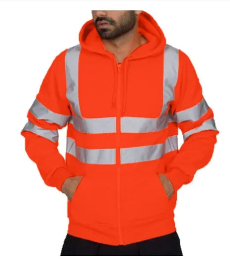 Orange hoodie with reflective stripes on a white background