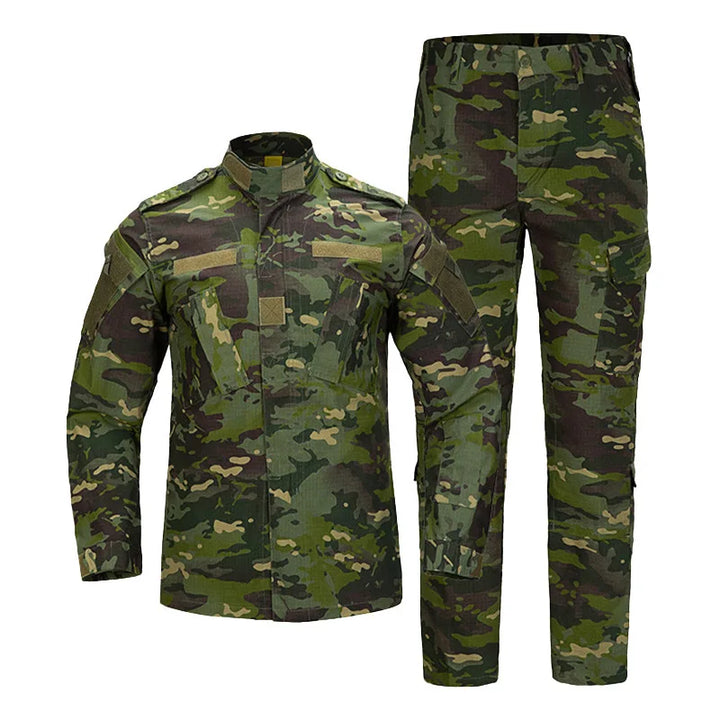 Camouflage military uniform with jacket and pants on a white background