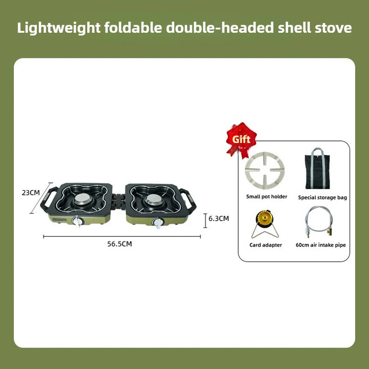 Lightweight foldable double-headed shell stove with dimensions and included items on a green background