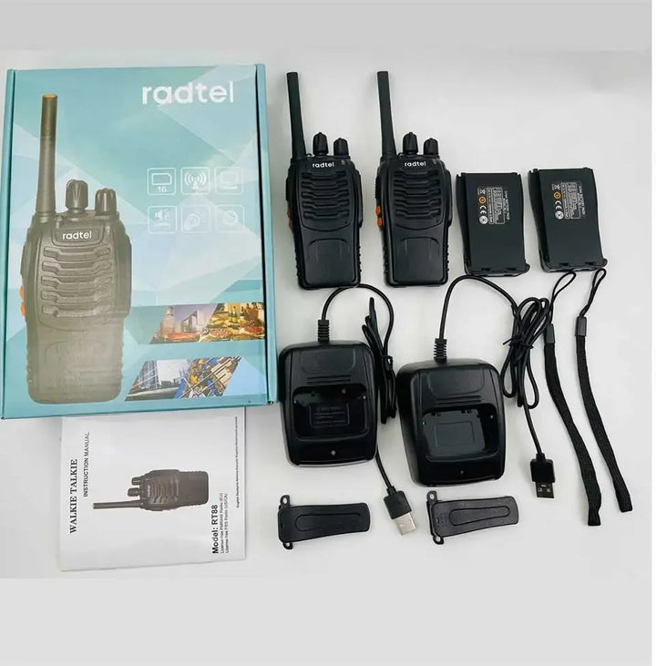Set of walkie-talkies with accessories and Radtel branded box on a white background