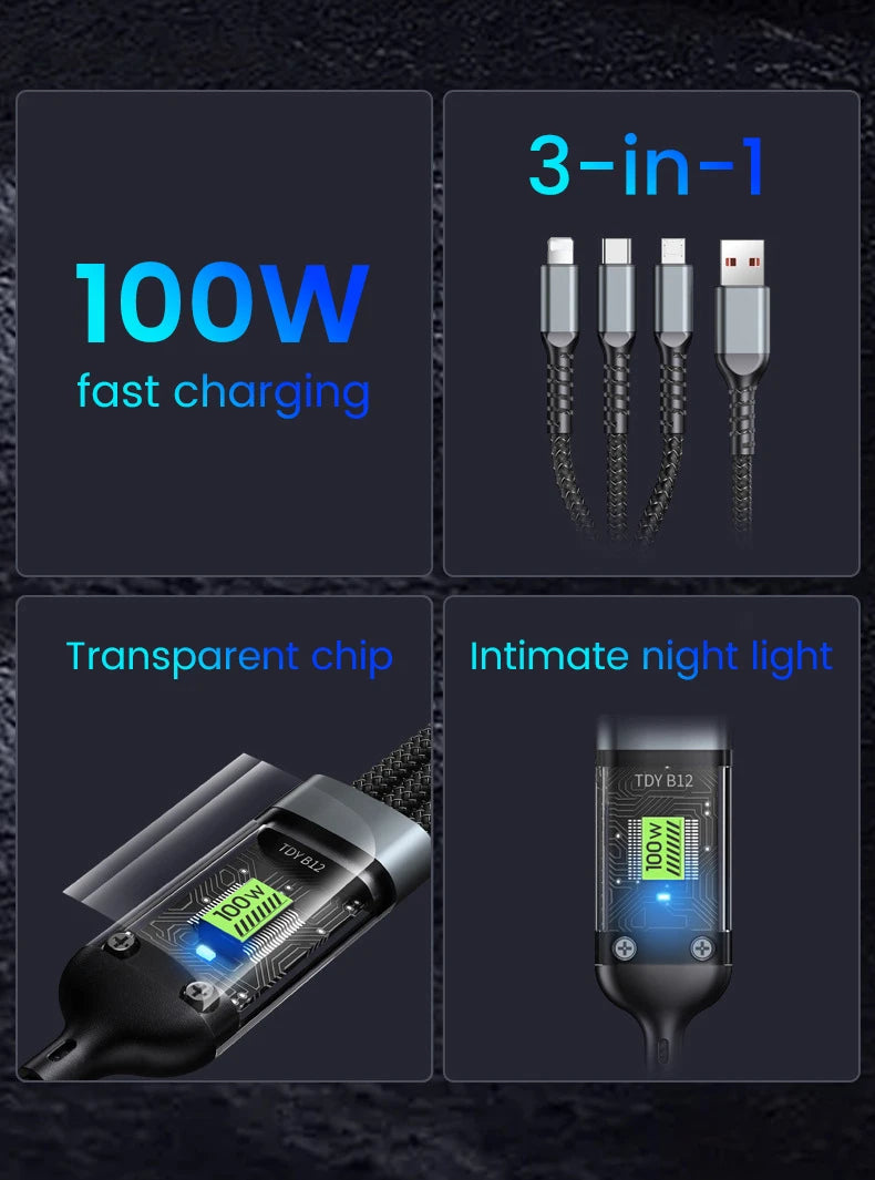SmartGearPros SmartGearPros 3-in-1 100W Fast Charging Cable – USB C, Micro USB & Lightning with Transparent LED Chip for Samsung, iPhone, Huawei & More