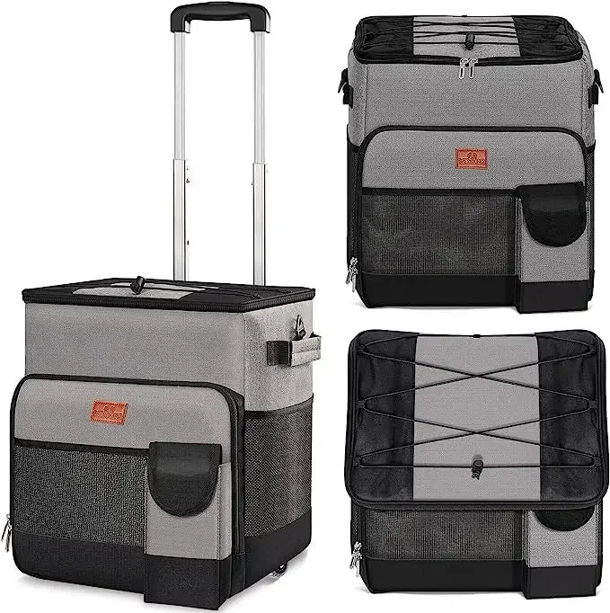 Gray and black cooler with wheels on a white background