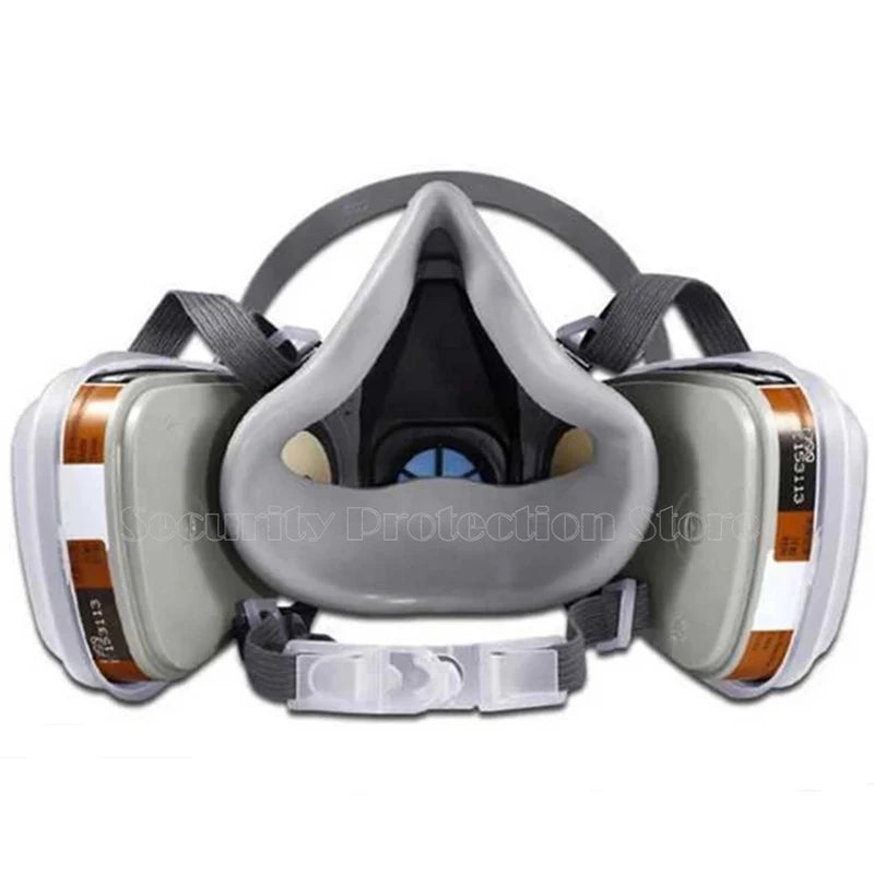 17-in-1 6200 Gas Mask Full-face respirator mask with multiple filter cartridges on a white background