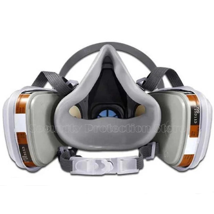 17-in-1 6200 Gas Mask Full-face respirator mask with multiple filter cartridges on a white background