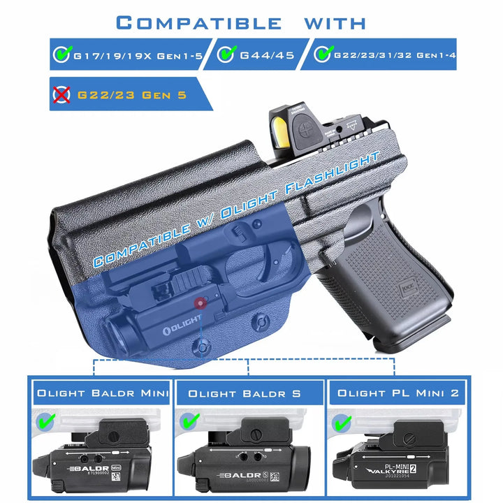 SmartGearPros IWB Kydex Holster for Glock 19 - Olight Baldr S Tactical Flashlight Optic Cut Appendix