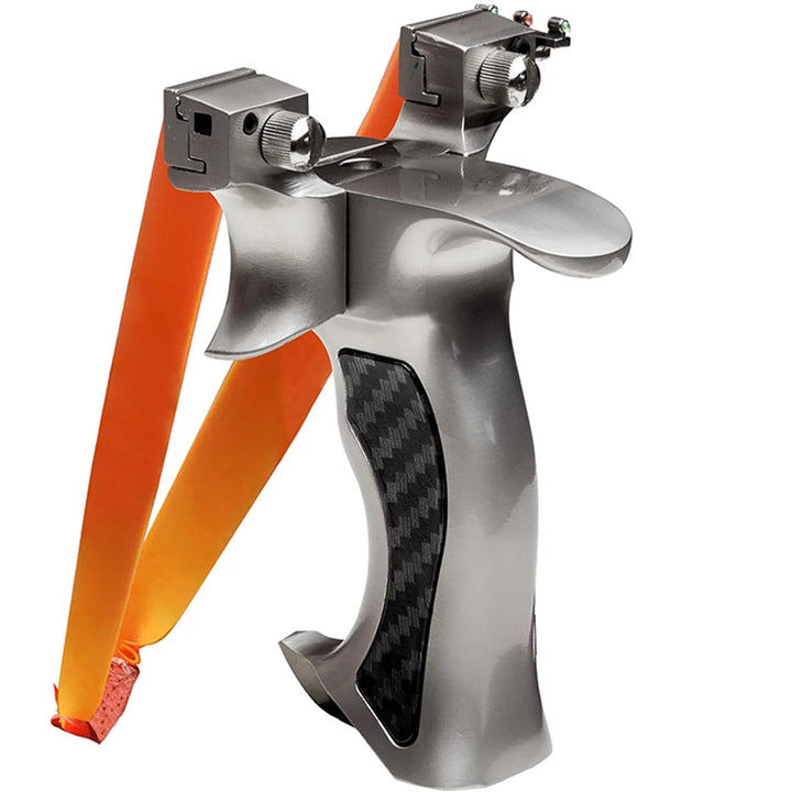 Metallic slingshot with orange bands on a white background