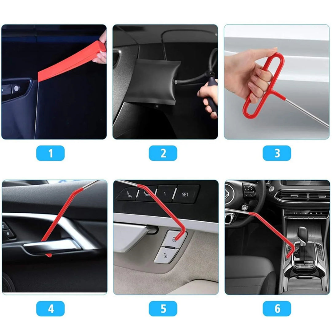 Step-by-step guide on using a car interior cleaning tool with images of application on various car parts.